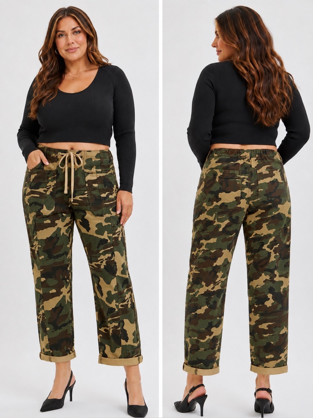 45.❤️RISEN PLUS Women’s Camo Drawstring Barrel Cargo Pants NEW - Picture 1 of 1